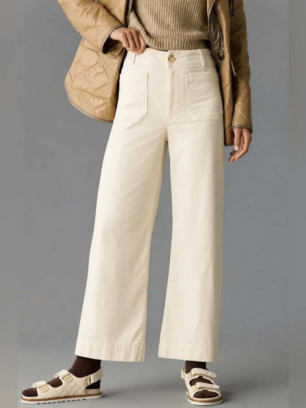 Maeve Anthropologie Colette Crop Pants Corduroy Wide Leg Trousers Cream 30 - Picture 1 of 13